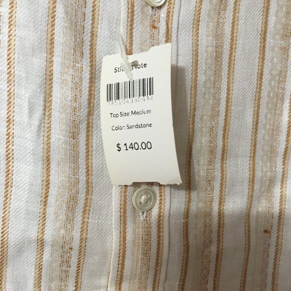Stitch Note Tan and Cream Striped European Linen Men's Long Sleeve Shirt-M,NWT - Picture 3 of 6